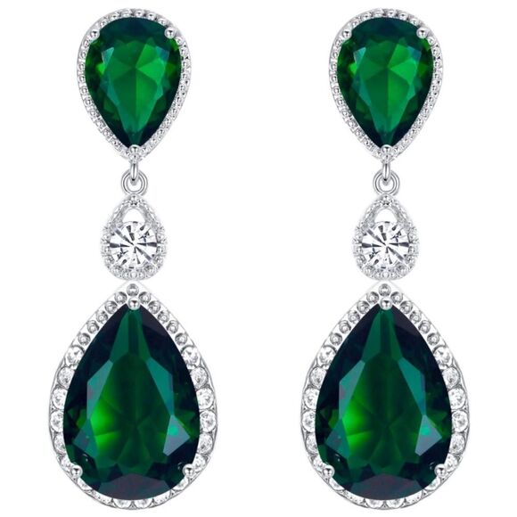 Silver with Emerald Green and White Diamond CZ Teardrop Chandelier Post Earrings